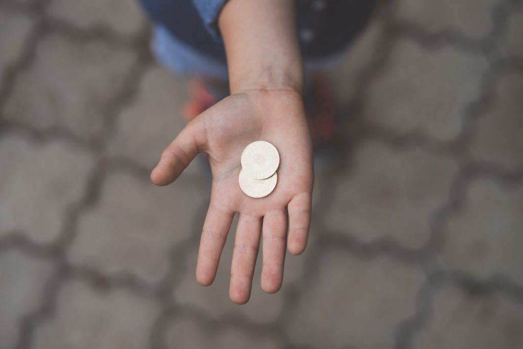 hand of a kid that holds two coins